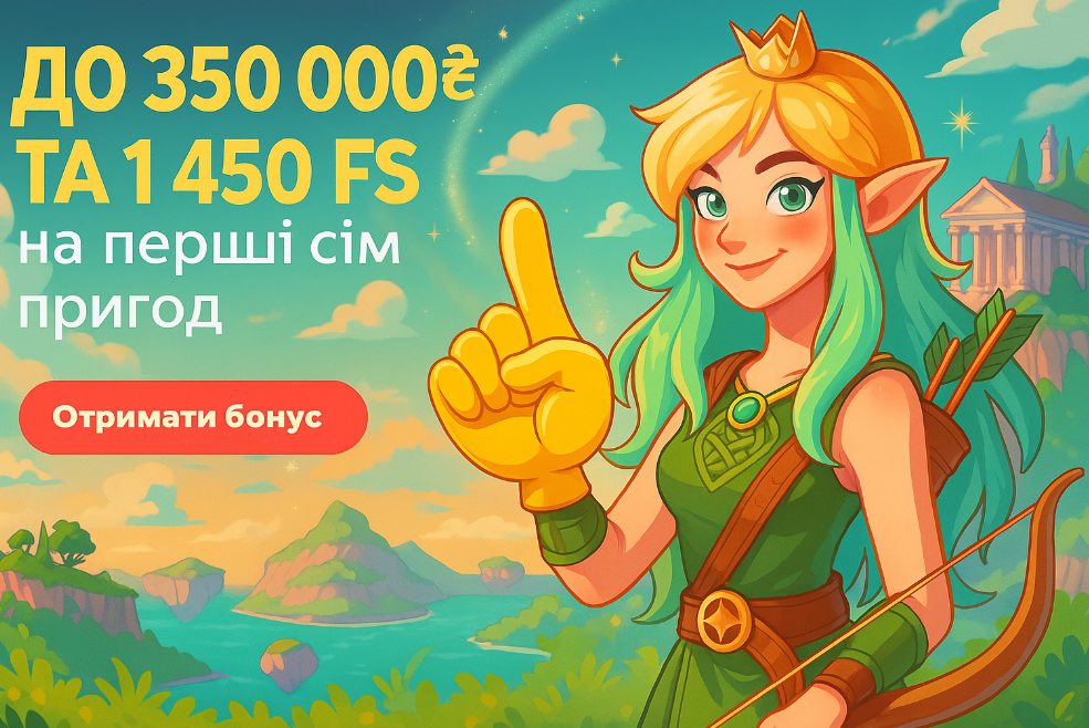 Банер з вітальним бонусом до 350 000 гривень та 1450 фріспінів